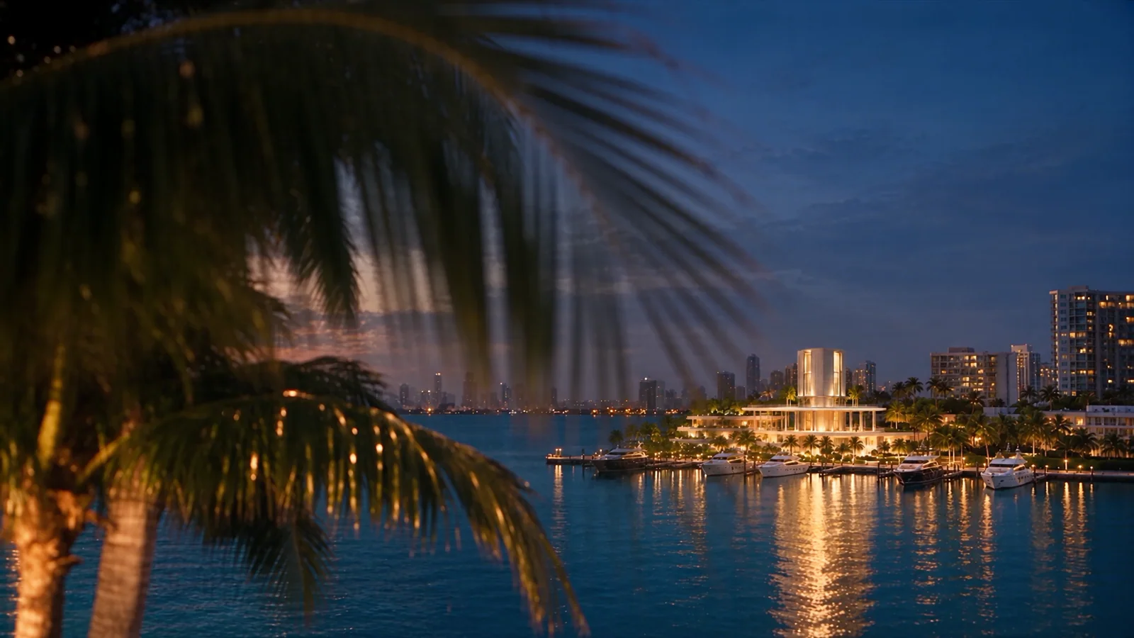NORIA's sculptural waterfront architecture at dusk with palms and warm reflections across the bay