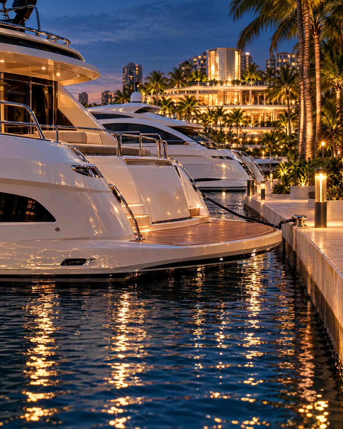 White yachts moored beside NORIA with warm dock lights reflected on the bay at dusk