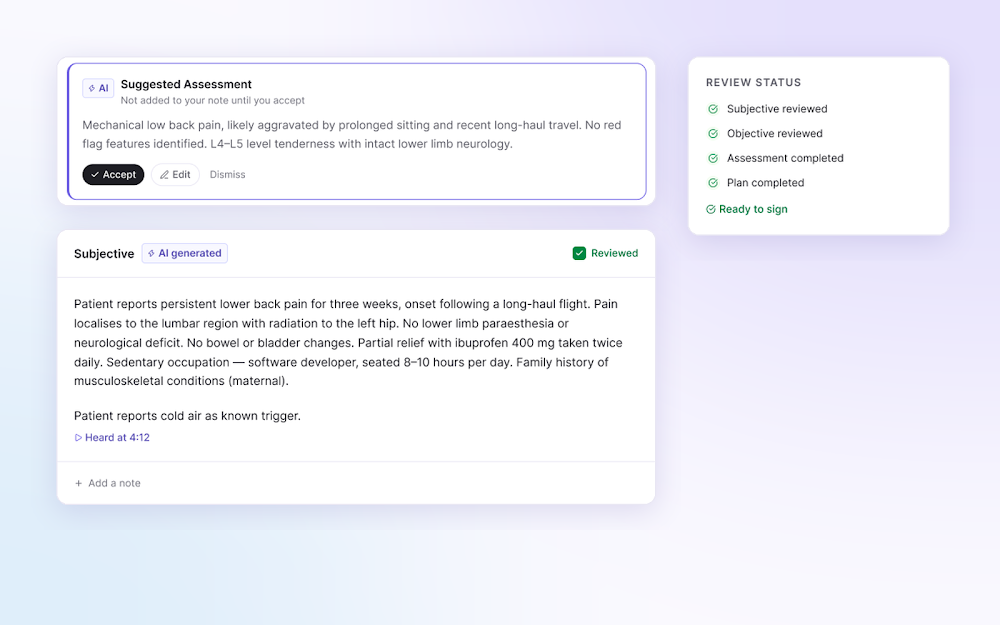 AI-written assessment awaiting approval, a reviewed note section, and the review status before signing.