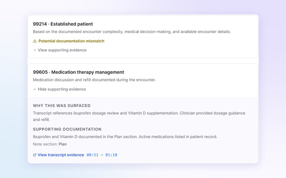 Suggested billing codes with documentation mismatch warnings and links to supporting evidence.